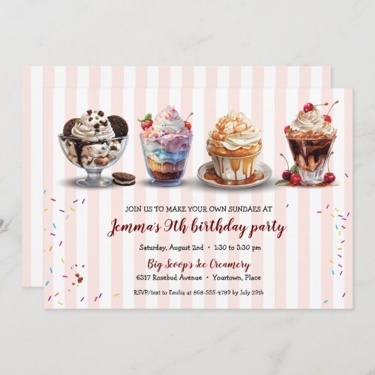 Vier Maak je eigen Ice Cream Sundaes verjaardag Kaart (Voorkant / Achterkant)