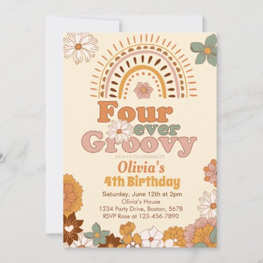 Vier maal de Groovy Rainbow 4e verjaardag uitnodig Kaart (Voorkant)