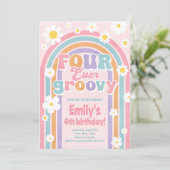 Vier maal de Groovy Rainbow 4e verjaardag uitnodig Kaart (Staand voorkant)