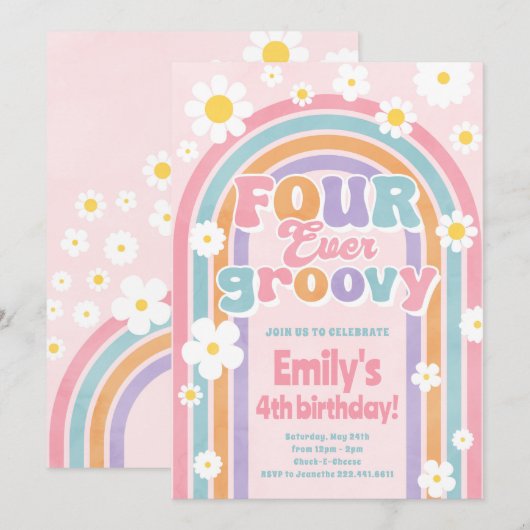 Vier maal de Groovy Rainbow 4e verjaardag uitnodig Kaart (Voorkant / Achterkant)