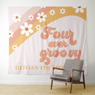 Vier maal Groovy Retro Daisy 4e verjaardag Banner  Wandkleed