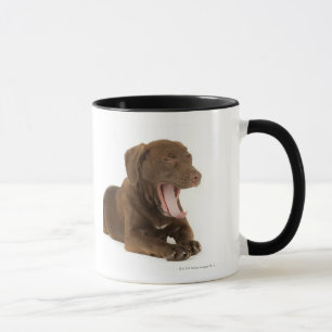 Vier maanden oud Chocolate Lab Puppy Yawning Mok