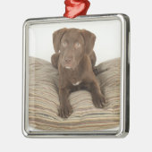 Vier maanden oude Chocolate Lab Puppy op Pillow Metalen Ornament (Links)