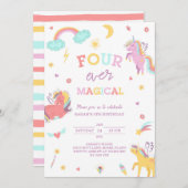 Vier magische eenhoorn 4e verjaardag kaart (Voorkant / Achterkant)