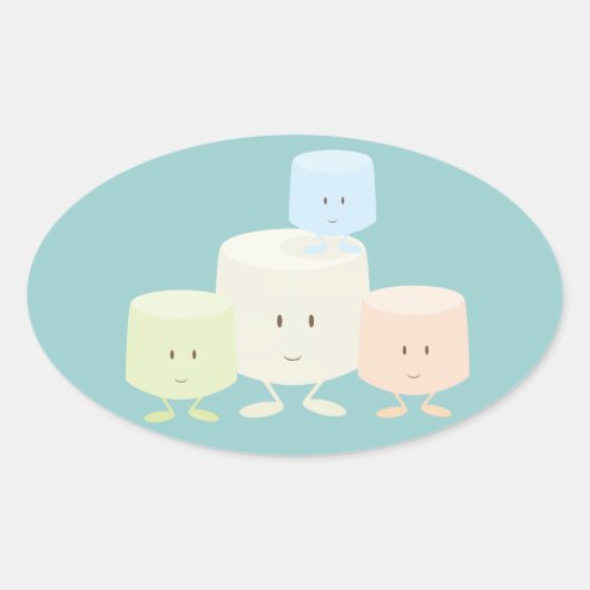 Vier marshmallows lachen samen ovale sticker (Voorkant)