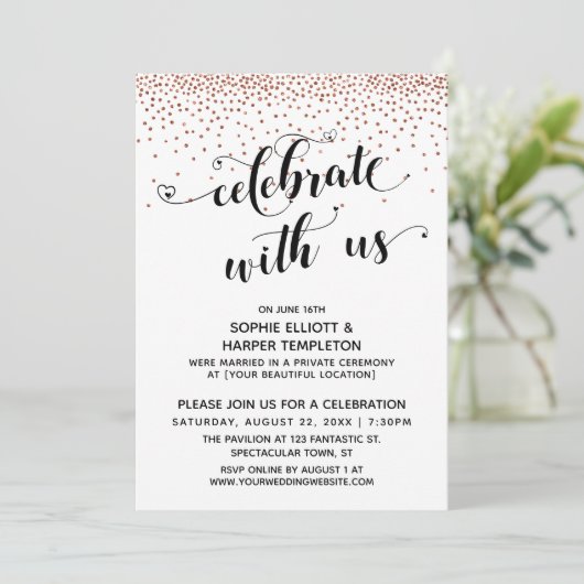 Vier mee Ons Hart Script Koper Confetti Kaart (Staand voorkant)