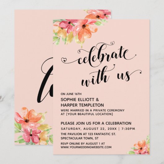 Vier mee Ons Harten Script Bloemen Roze Roze Kaart (Voorkant / Achterkant)