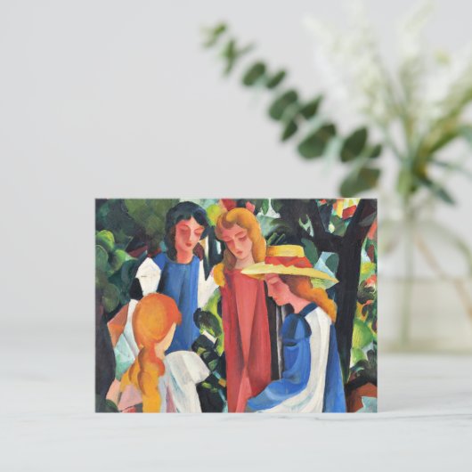 Vier meisjes, kleurrijk schilderij van August Mack Feestdagenkaart (Staand voorkant)
