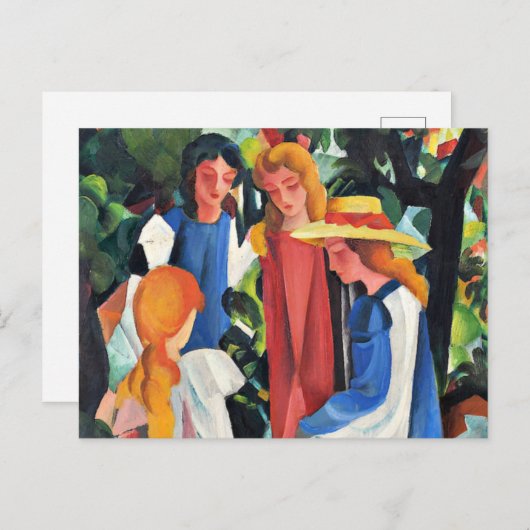 Vier meisjes, kleurrijk schilderij van August Mack Feestdagenkaart (Voorkant / Achterkant)