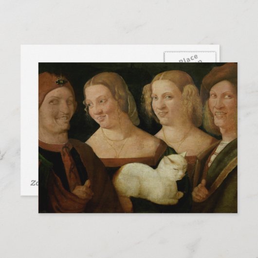 Vier mensen lachen bij het zien van een kat briefkaart (Voorkant / Achterkant)