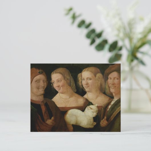 Vier mensen lachen bij het zien van een kat briefkaart (Staand voorkant)