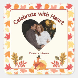 Vier met het hart - aangepaste familienaam en foto vierkante sticker