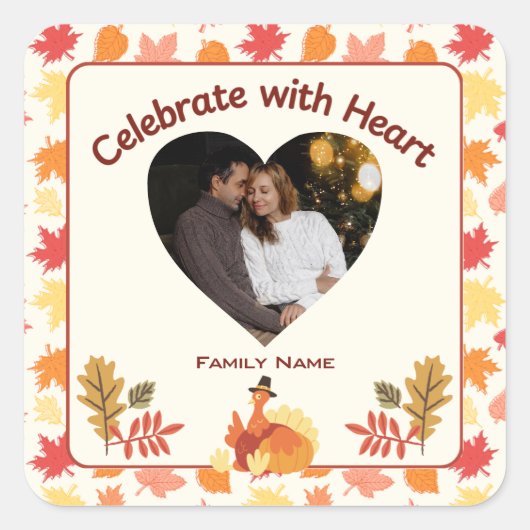 Vier met het hart - aangepaste familienaam en foto vierkante sticker (Voorkant)