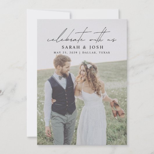 Vier met ons 2 foto bruiloft receptie aankondiging (Voorkant)