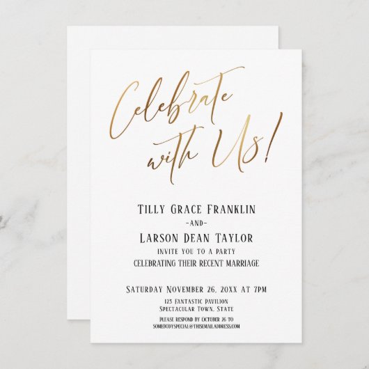 Vier met Ons! Gouden Elegante Trouwfeest Kaart (Voorkant / Achterkant)