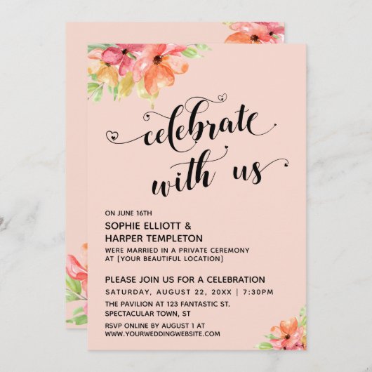 Vier met Ons Hart Script Bloemen Roze Roze Kaart (Voorkant / Achterkant)