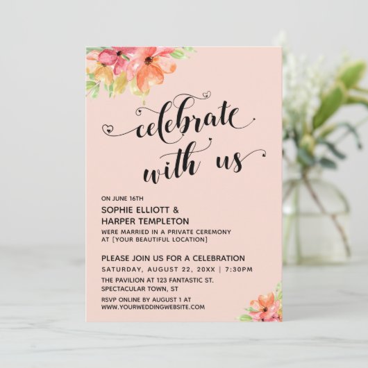 Vier met Ons Harten Script Bloemen Blozend Roze Kaart (Staand voorkant)