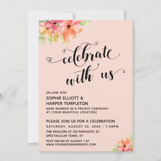 Vier met Ons Hartjes Script Bloemen Blozend Roze Kaart (Voorkant)