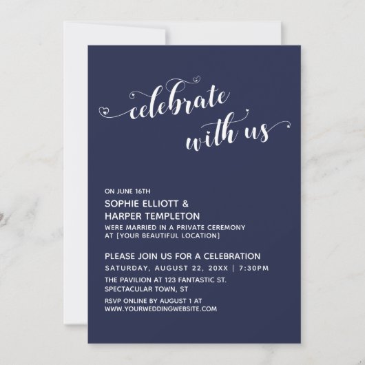 Vier met Ons Hartjes Script Navy Ontvangst Kaart (Voorkant)