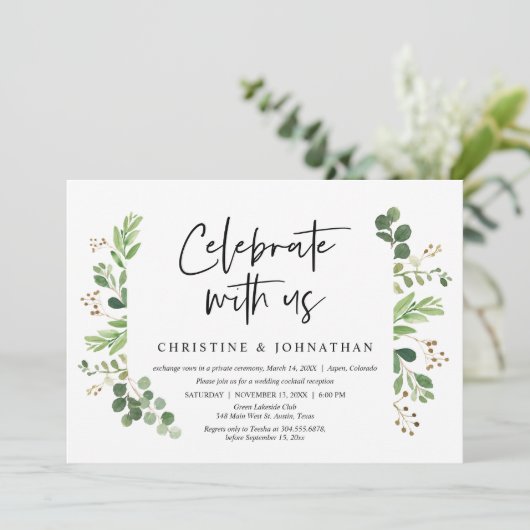 Vier met ons mee, Bruiloft Elopement Feest Kaart (Staand voorkant)