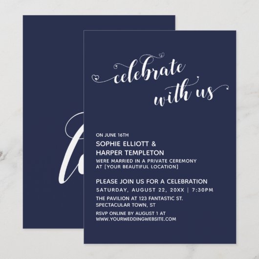 Vier met ons mee Hearts Script Navy Ontvangst Kaart (Voorkant / Achterkant)