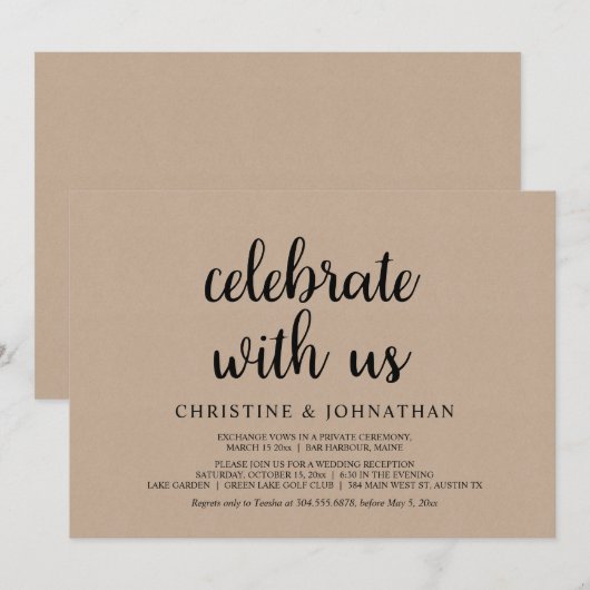 Vier met ons mee, Rustieke Trouw Elopement Feest Kaart (Voorkant / Achterkant)