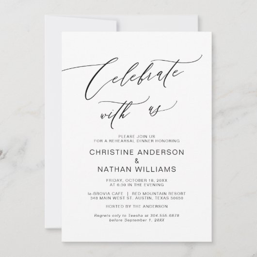 Vier met ons, zwart, bruiloft repetitie diner kaart (Voorkant)