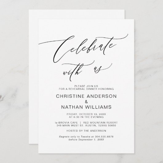 Vier met ons, zwart, bruiloft repetitie diner kaart (Voorkant / Achterkant)