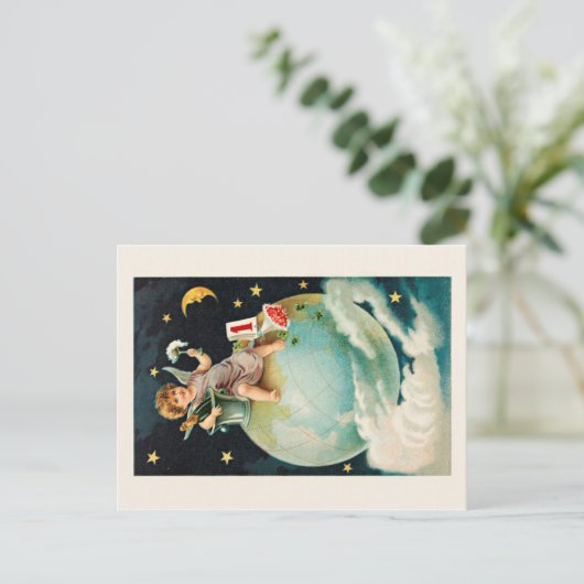 vier nieuw jaar met retro champagne, feestdagenkaart (Staand voorkant)