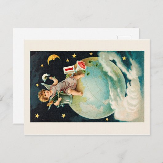 vier nieuw jaar met retro champagne, feestdagenkaart (Voorkant / Achterkant)