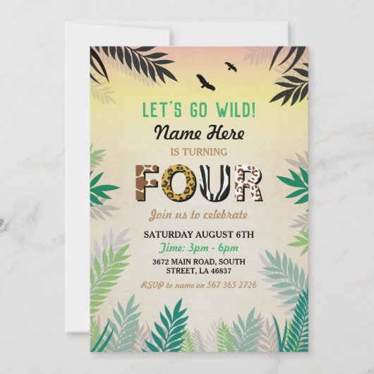 Vier Oerwoud 4e verjaardag Safari ZOO Invite Kaart (Voorkant)