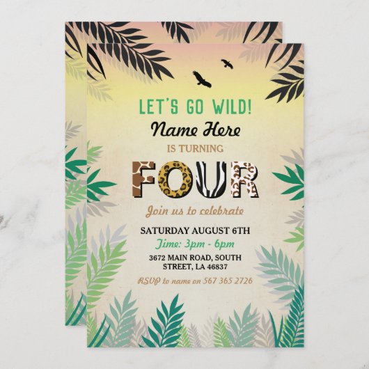 Vier Oerwoud 4e verjaardag Safari ZOO Invite Kaart (Voorkant / Achterkant)