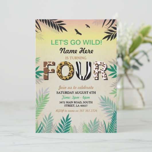 VIER Oerwoud 4E verjaardag Safari ZOO Uitnodiging (Staand voorkant)