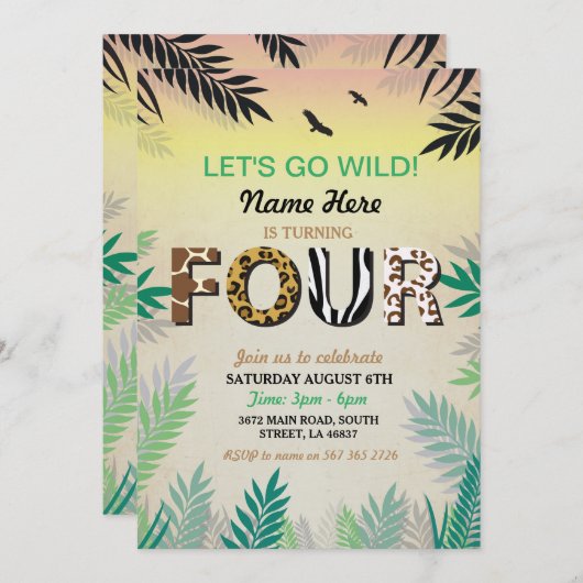VIER Oerwoud 4E verjaardag Safari ZOO Uitnodiging (Voorkant / Achterkant)