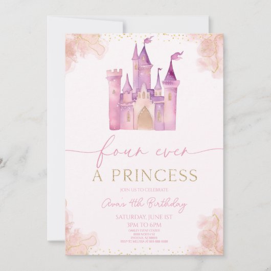 Vier ooit een prinses kasteel 4e verjaardagsfeest kaart (Voorkant)