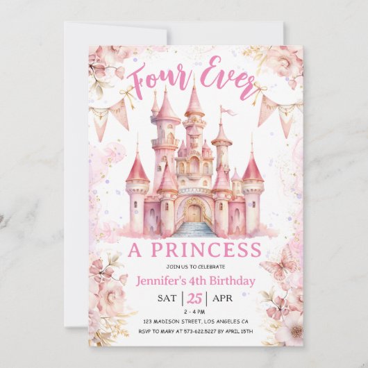Vier ooit een prinses roze meisje 4e verjaardagsfe kaart (Voorkant)