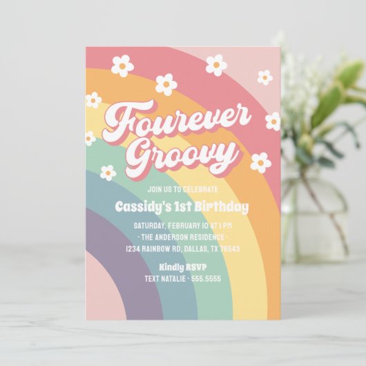 Vier ooit Groovy 70s Rainbow Daisy 4e verjaardag Kaart (Staand voorkant)