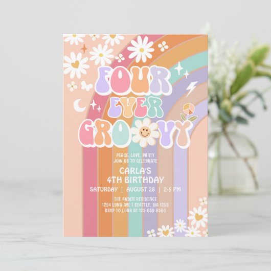 VIER Ooit Groovy Daisy Rainbow Groovy 4e Verjaarda Kaart (Staand voorkant)