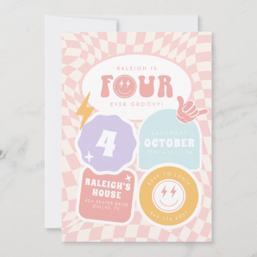 Vier ooit groovy | Meisjes 4e Retro Skater Verjaar Kaart (Voorkant)