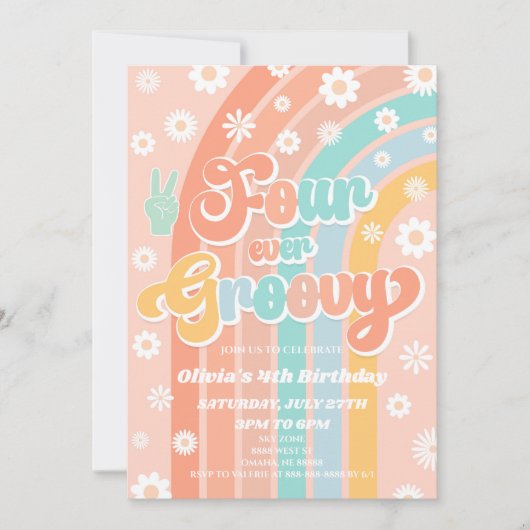 Vier ooit Groovy Rainbow Daisy 4e verjaardagsfeest Kaart (Voorkant)