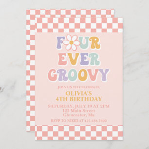Vier Ooit Groovy Retro Daisy Checker 4e verjaardag Kaart