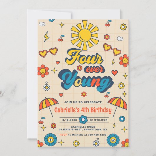 Vier Ooit Jong Groovy Retro Daisy 4e Verjaardag Kaart (Voorkant)