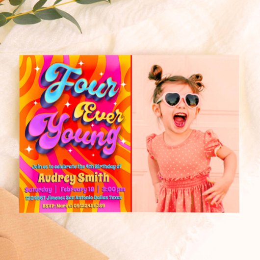 Vier ooit jonge 4e verjaardag met foto-uitnodiging kaart