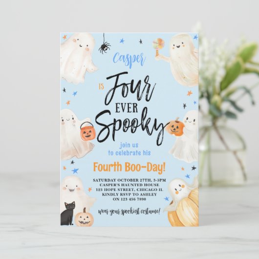 Vier Ooit Spooky Boy Halloween 4e Verjaardagsfeest Kaart (Staand voorkant)