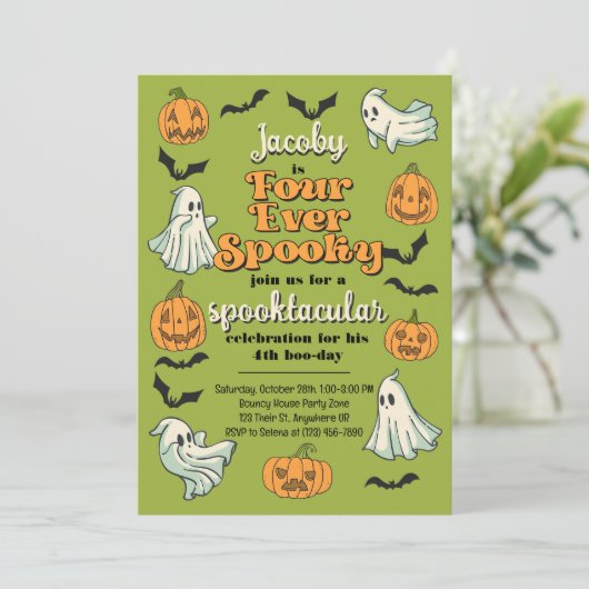Vier Ooit Spooky Ghost Halloween Herfst 4e verjaar Kaart (Staand voorkant)