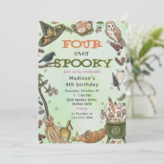 Vier Ooit Spooky Witch Halloween 4e Verjaardag Kaart (Staand voorkant)