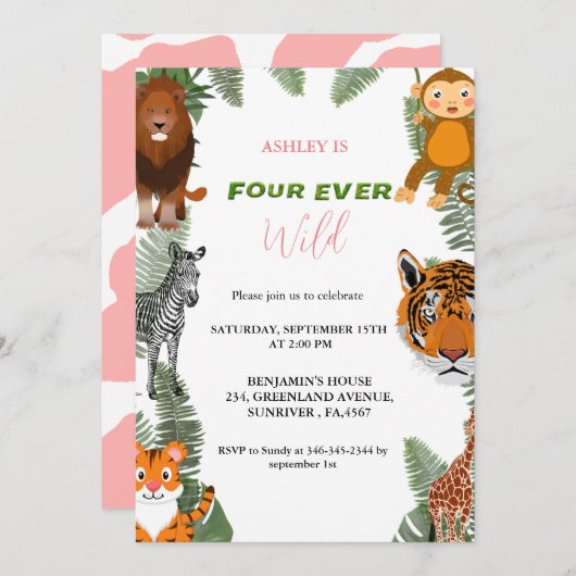 Vier ooit wild meisje safari 4e verjaardag feest kaart (Voorkant / Achterkant)