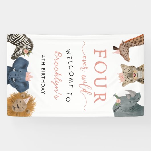 Vier Ooit Wild Safari Theme Girl's 4e verjaardag Spandoek (Horizontaal)