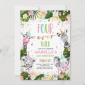 Vier ooit wilde 4e verjaardag Safari Animals Party Kaart (Voorkant)