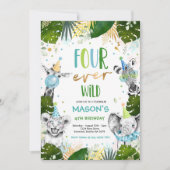 Vier ooit wilde 4e verjaardag Safari Animals Party Kaart (Voorkant)